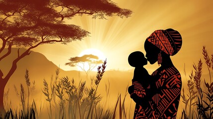 African mother holding child silhouette with vibrant traditional sunset Glowing image