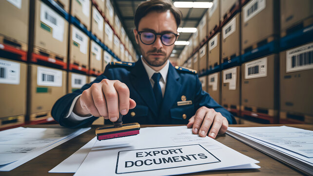 Customs officer stamping export documents in warehouse