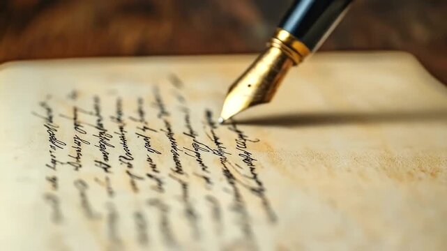 Detailed close-up of a fountain pen writing on aged parchment paper, showcasing elegant script and rich tones.