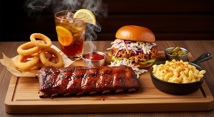 Hearty bbq ribs burger onion rings and mac and cheese meal