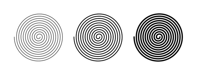 Spiral circle icons in gradient thickness representing swirl, vortex, hypnotic pattern, abstract design, illusion, creativity, motion, rotation, and decorative graphic concept