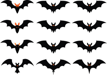 Collection of Halloween Bats Silhouettes Flying on a White Background