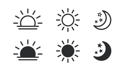 Time of the day icons showing morning sunrise, bright noon sun, evening sunset, and night moon with stars representing daily cycle, weather, astronomy, calendar, and environment concept