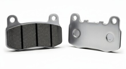 Two brake pads for a vehicle shown on a white background in a studio shot with good lighting