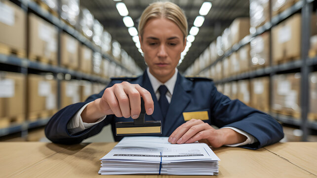 Customs officer stamping documents in warehouse