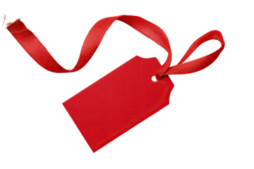 A vibrant red tag, tied with a crimson ribbon, against a black background. The tag is rectangular and has a small hole for hanging. The ribbon drapes diagonally, with a frayed edge visible