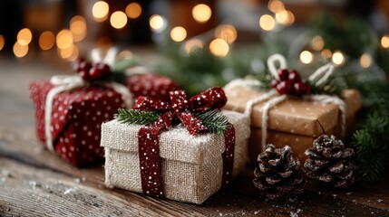 Rustic Christmas Gifts with Red Bows and Pine Cones on Wooden Surface