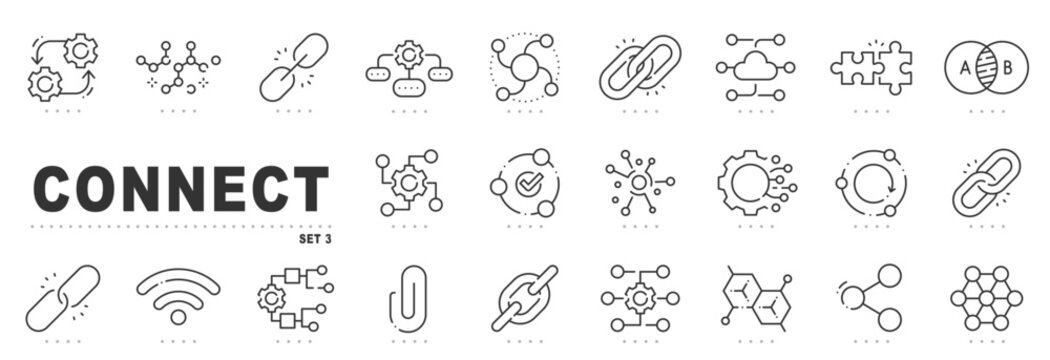 Line icons for connect, network, link, integration and cloud sync. Editable stroke