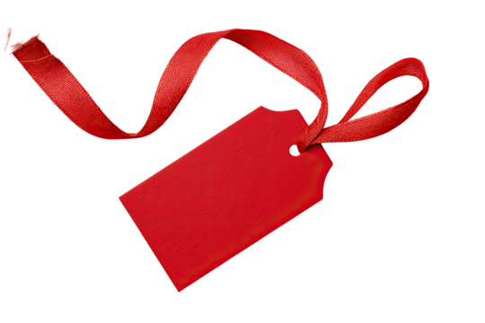 A vibrant red tag, tied with a crimson ribbon, against a black background. The tag is rectangular and has a small hole for hanging. The ribbon drapes diagonally, with a frayed edge visible
