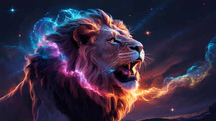 Naklejka premium Majestic lion roaring under a colorful nebulae night sky