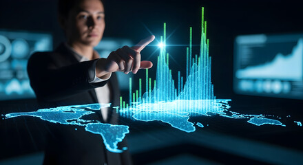 Data-driven global analytics: Business analyst pointing at a holographic 3D world map with rising candlestick charts and bar graphs — representing geospatial finance analytics, market intelligence, re