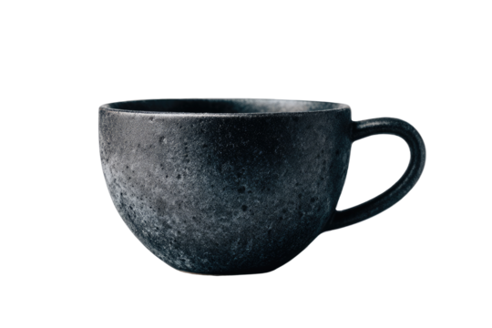 Dark, textured, rounded coffee mug