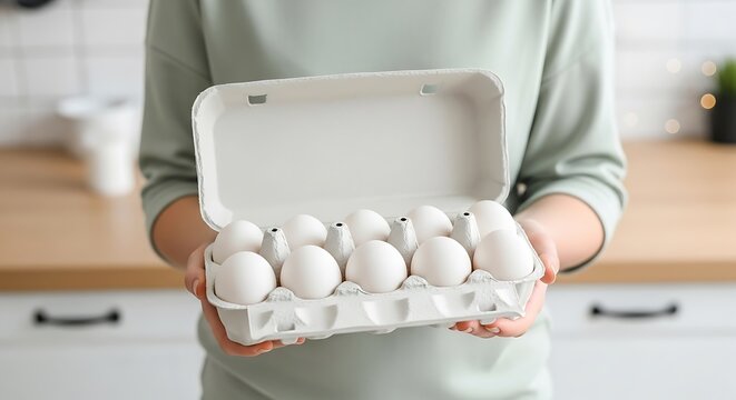 Person holding a carton of fresh white eggs in a kitchen - Powered by Adobe