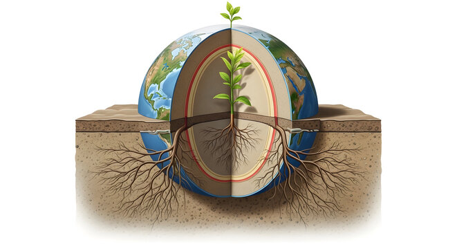 Seed-to-soil cross-section globe: A stylized Earth cutaway showing layered soil, roots and a growing seedling with the globe backdrop &mdash; illustrating global soil health, root systems, biogeography, pla