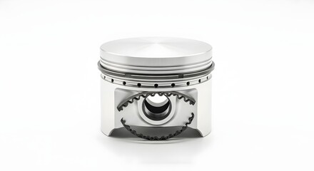 Close up of a silver piston with rings and pinhole details on a white background in studio lighting
