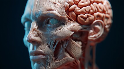 Detailed anatomical model of human head showing brain and musculature image