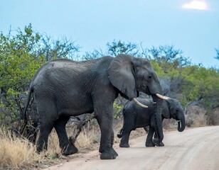 Fototapeta premium Elephant family walks along a dirt road