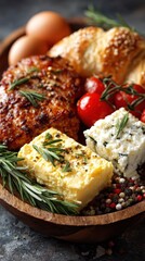 Gourmet Breakfast Platter with Cheese, Meat, Eggs, and Fresh Rosemary