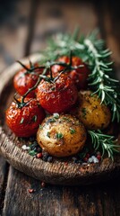 Roasted Cherry Tomatoes and Potatoes with Rosemary on Wooden Board