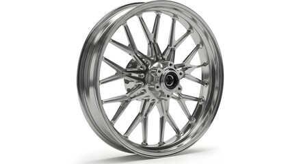Obraz premium Close up of a shiny chrome motorcycle wheel with intricate spoke design on a white background studio shot