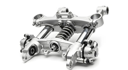 Close up of a silver motorcycle front suspension with spring and bolts on a white background studio shot