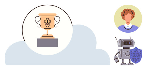 Golden trophy on cloud, robot holding shield, and avatar. Ideal for success, achievement, technology, innovation, robotics user recognition and data security themes. Simple flat metaphor