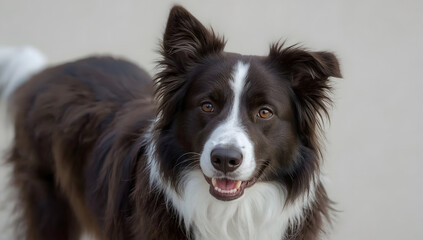 A border collie dog with a distinctive black and white coat and piercing brown eyes is looking directly at the camera with a focused and intelligent gaze, its ears perked up and its tail held high