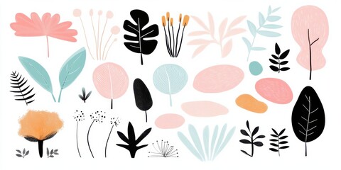 Abstract botanical collection with leaves and plants in colorful minimal design. Modern art background with trendy pastel elements and organic shapes.