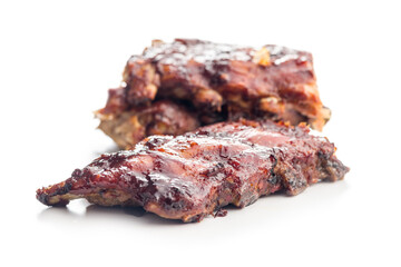 Pork BBQ glazed ribs isolated on white background.