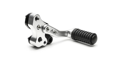 Close up of a silver motorcycle part with a black rubber grip on a white background in a studio shot