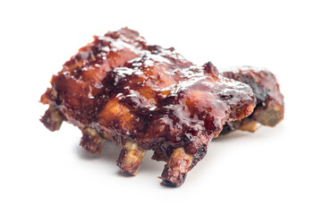 Pork BBQ glazed ribs isolated on white background.