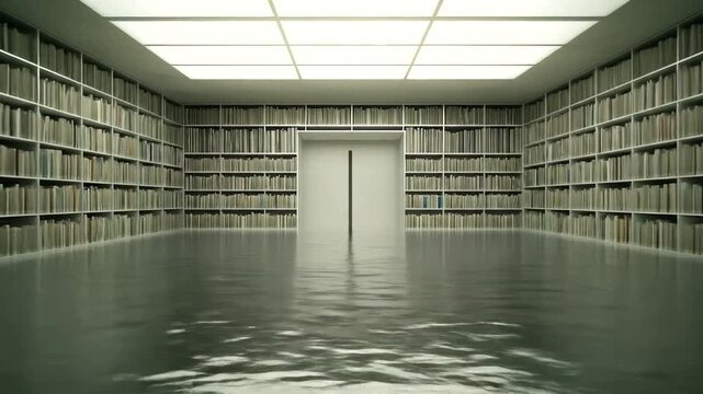 A vast library interior submerged in tranquil, murky water, showcasing numerous bookshelves lined with volumes.