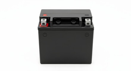 Obraz premium A front view of a black battery with red and silver accents on a plain white background surface area