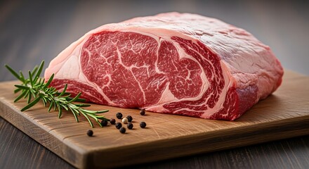 Prime rib roast with rosemary and peppercorns on a wooden board