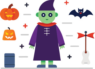 Fototapeta premium Halloween Cartoon Character with Pumpkin Bat Axe and Other Spooky Elements