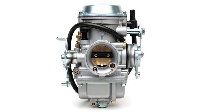 Close up shot of a carburetor with a black hose and silver components on a white background view front