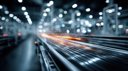 Automated Conveyor System with Motion Blur and Sparks in Modern Factory
