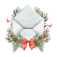 Christmas template with envelope, red bow and spruce branches with pinecones, elegant festive frame, hand-painted watercolor illustration, decorative element for greeting cards and invitations.