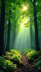 Obraz premium Lush green forest canopy, sunlight filtering through leaves, creating dappled shade on the forest floor Perfect for nature, ecology, and environmental themes , green, ecosystem