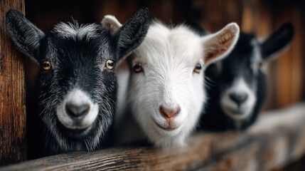 Fototapeta premium Three Curious Baby Goats Peeking Over Wooden Fence, Farm Animals Portrait