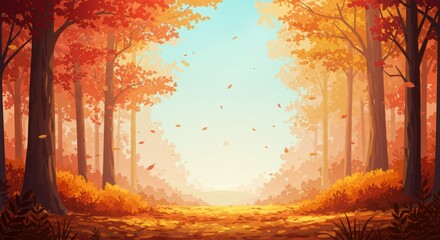Scenic Fall Woodland Path with Red and Orange Trees &ndash; Flat Design Nature Illustration