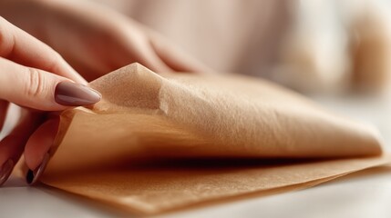 Closeup on biodegradable wrap being folded carefully around a product emphasizing environmentally conscious packaging materials with a blurred background.