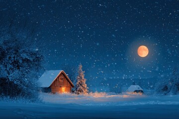 Cozy small house illuminated in a winter wonderland under a full moon on a merry Christmas night with falling snow
