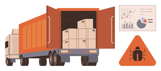 Freight truck loaded with boxes, warning of pest infestation, data analytics with charts. Ideal for logistics, pest control, supply chain, safety, inventory shipping and risk management. Simple