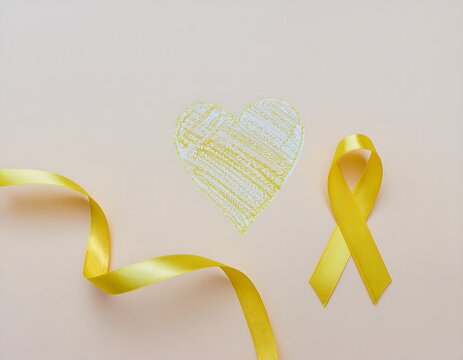 Yellow ribbon and hand-drawn heart symbolizing support and hope for suicide prevention and endometriosis awareness month on a gentle background - Powered by Adobe