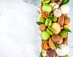 Assorted colorful pastries and cookies arranged on a white platter