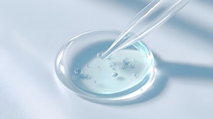 pipette with blue liquid in petri dish on white background