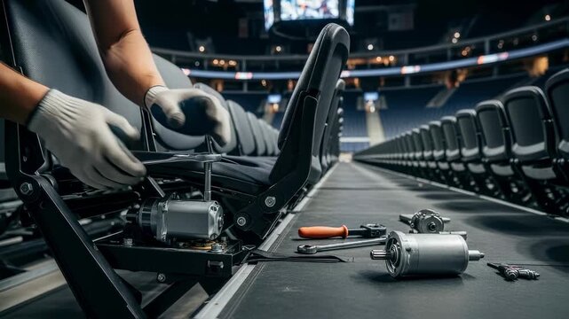 footage showing the stepbystep motor replacement on automated retractable seating in a large indoor arena.