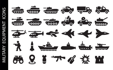 A set of icons representing various military equipment and symbols. All icons are made in black and white with a silhouette design.