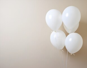 A serene bunch of pure white balloons floating against a neutral wall, creating a minimalist background for celebration with copy space